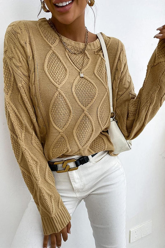 TWIST CABLE KNIT RIBBED NECK DAILY SWEATER - Doublju