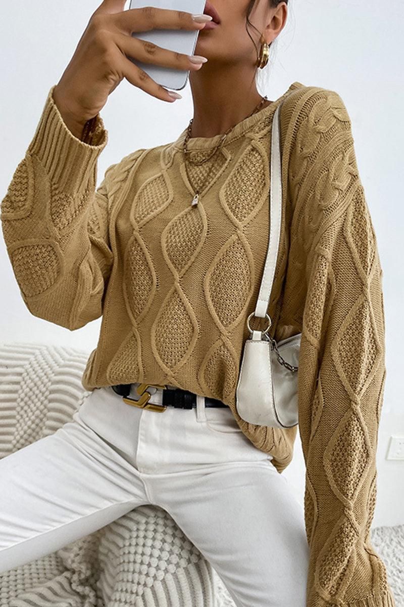 TWIST CABLE KNIT RIBBED NECK DAILY SWEATER - Doublju