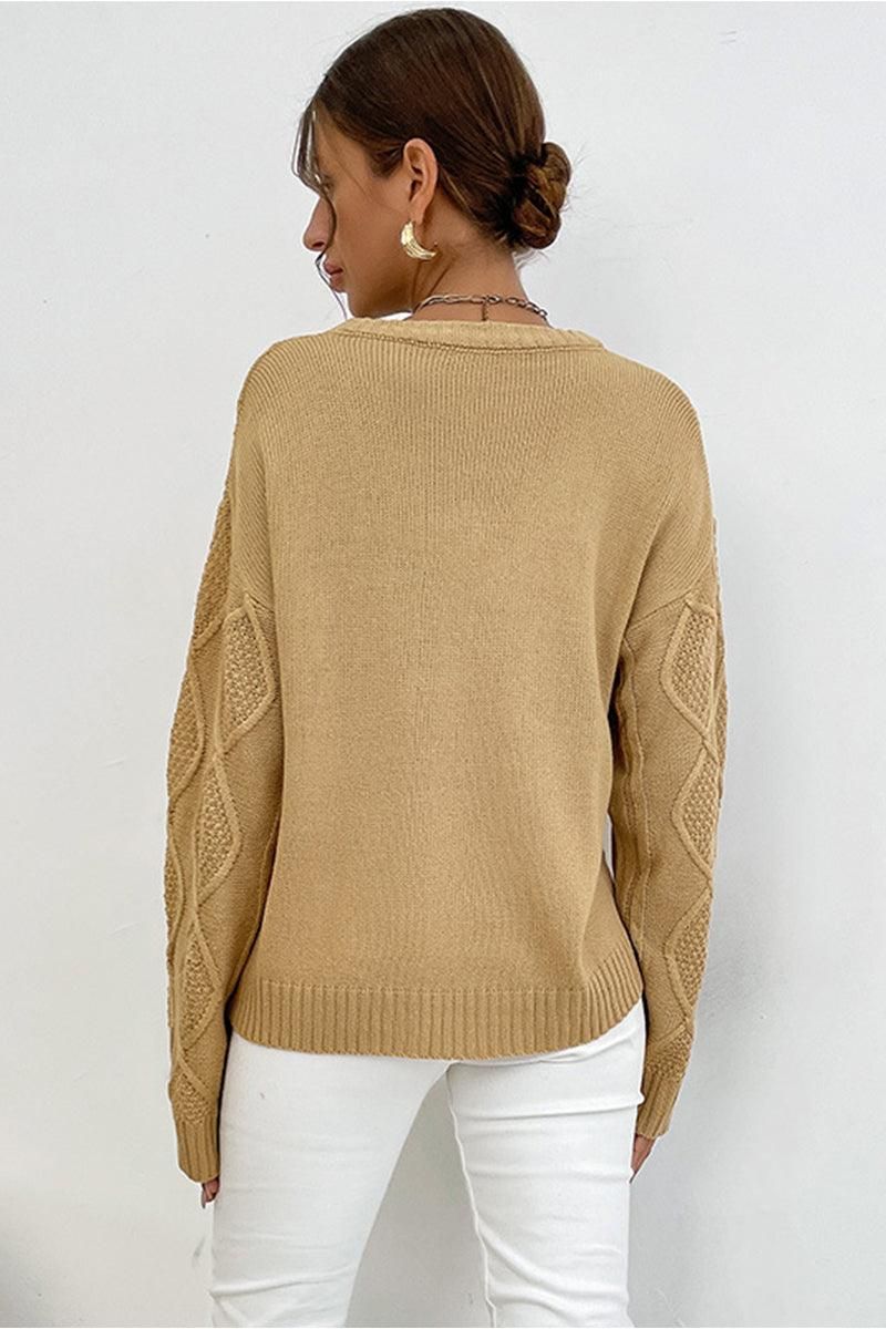 TWIST CABLE KNIT RIBBED NECK DAILY SWEATER - Doublju