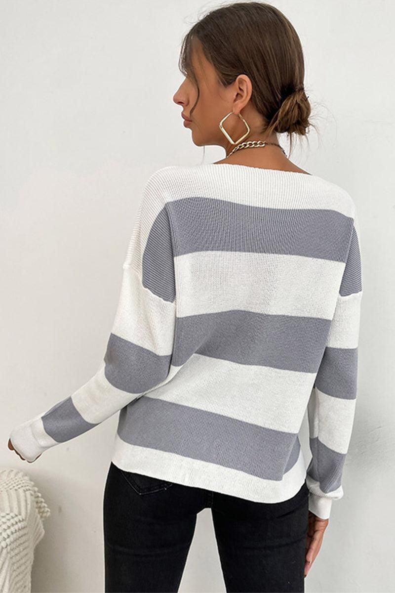 COLOR BLOCK DEEP ROUND NECK KNIT SWEATER - Doublju