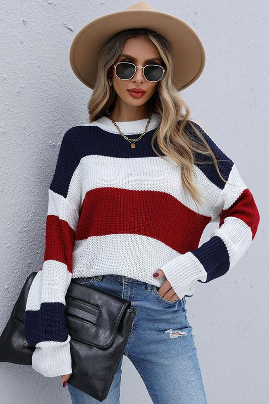 LONG SLEEVE BIG STRIPE ROUND NECK SWEATER - Doublju