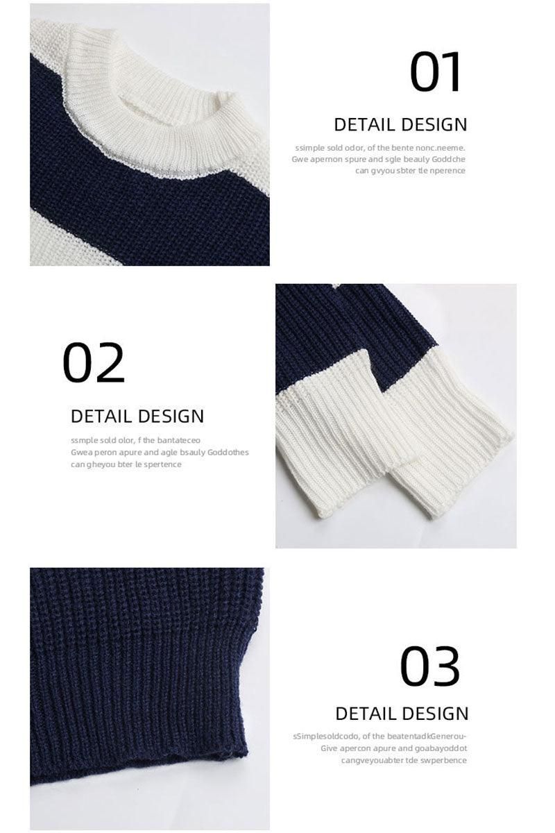 LONG SLEEVE BIG STRIPE ROUND NECK SWEATER - Doublju