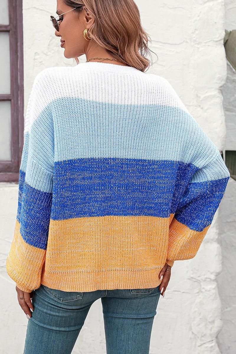 WOMEN RIBBED CREW NECK COLOR BLOCK SWEATER - Doublju