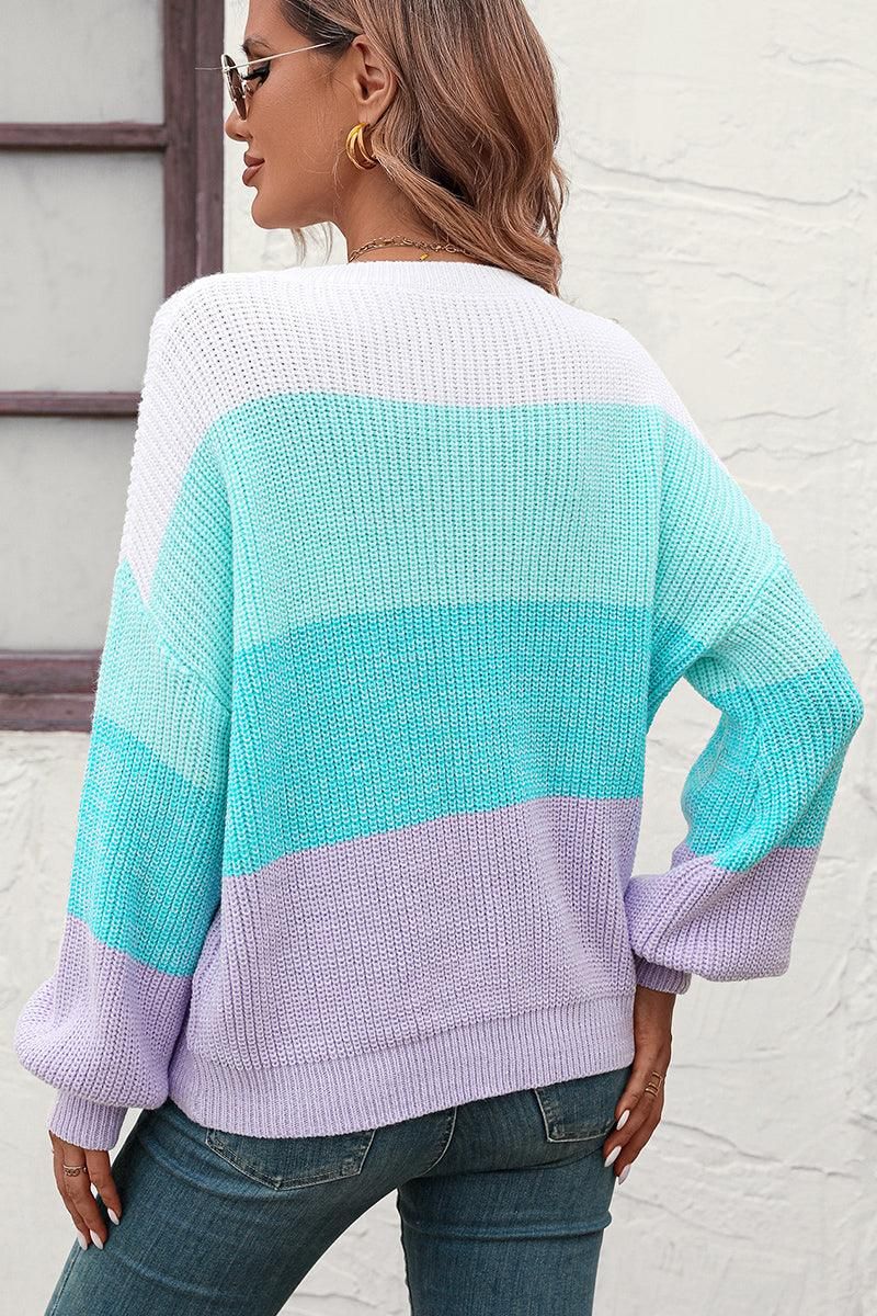 WOMEN RIBBED CREW NECK COLOR BLOCK SWEATER - Doublju