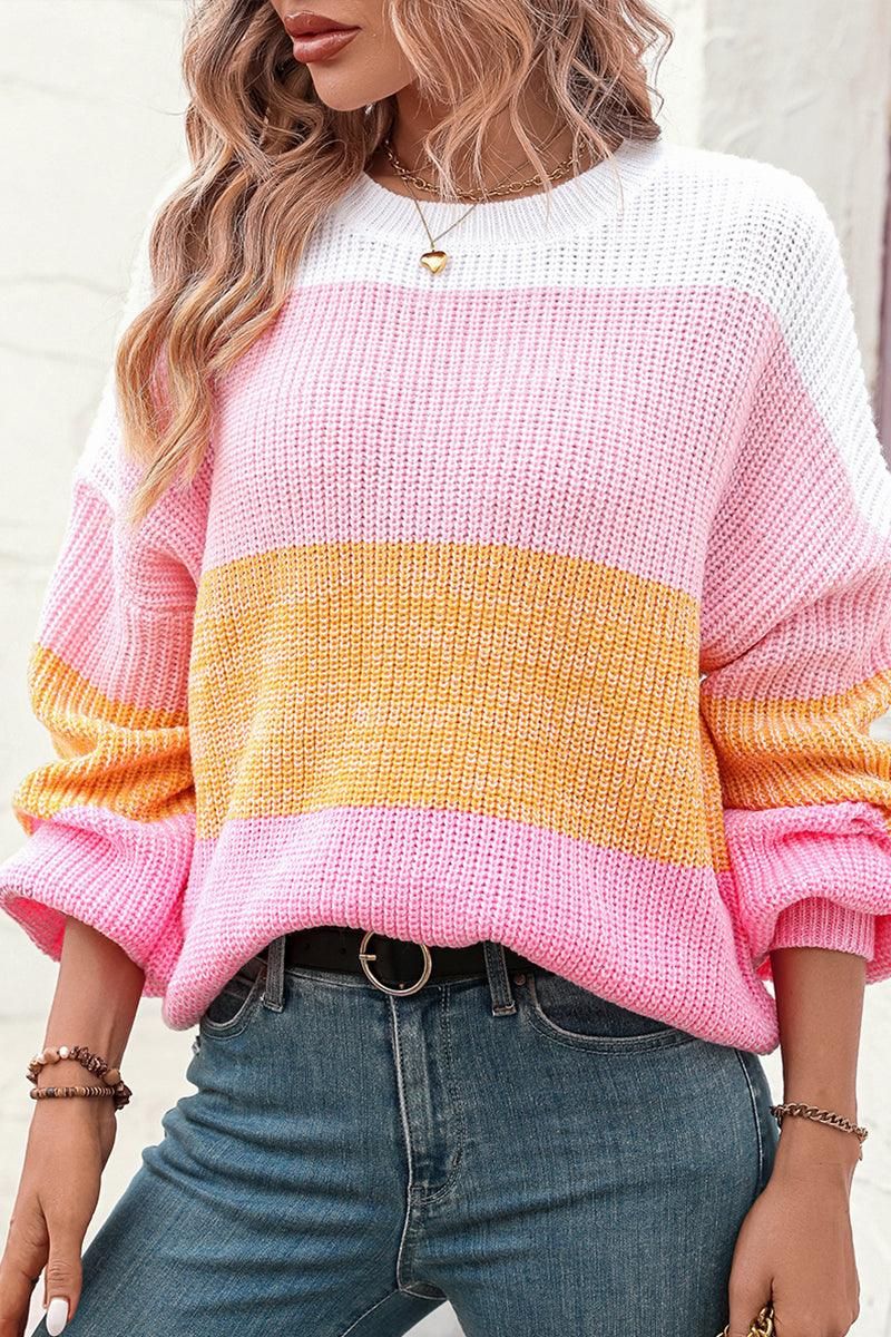 WOMEN RIBBED CREW NECK COLOR BLOCK SWEATER - Doublju