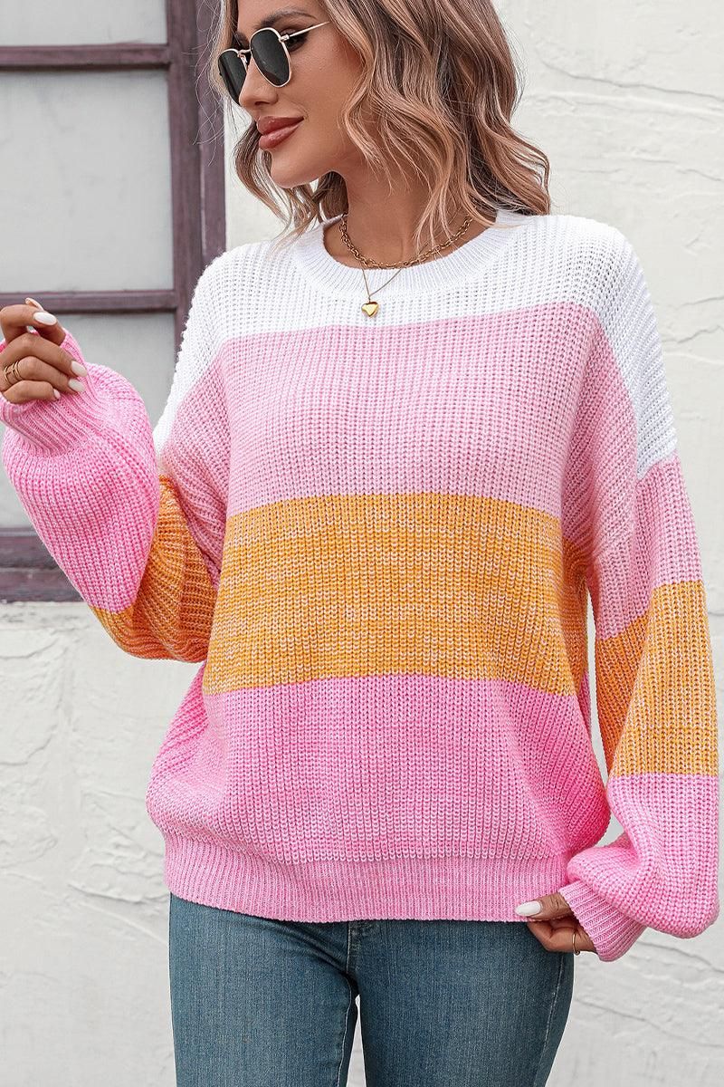 WOMEN RIBBED CREW NECK COLOR BLOCK SWEATER - Doublju