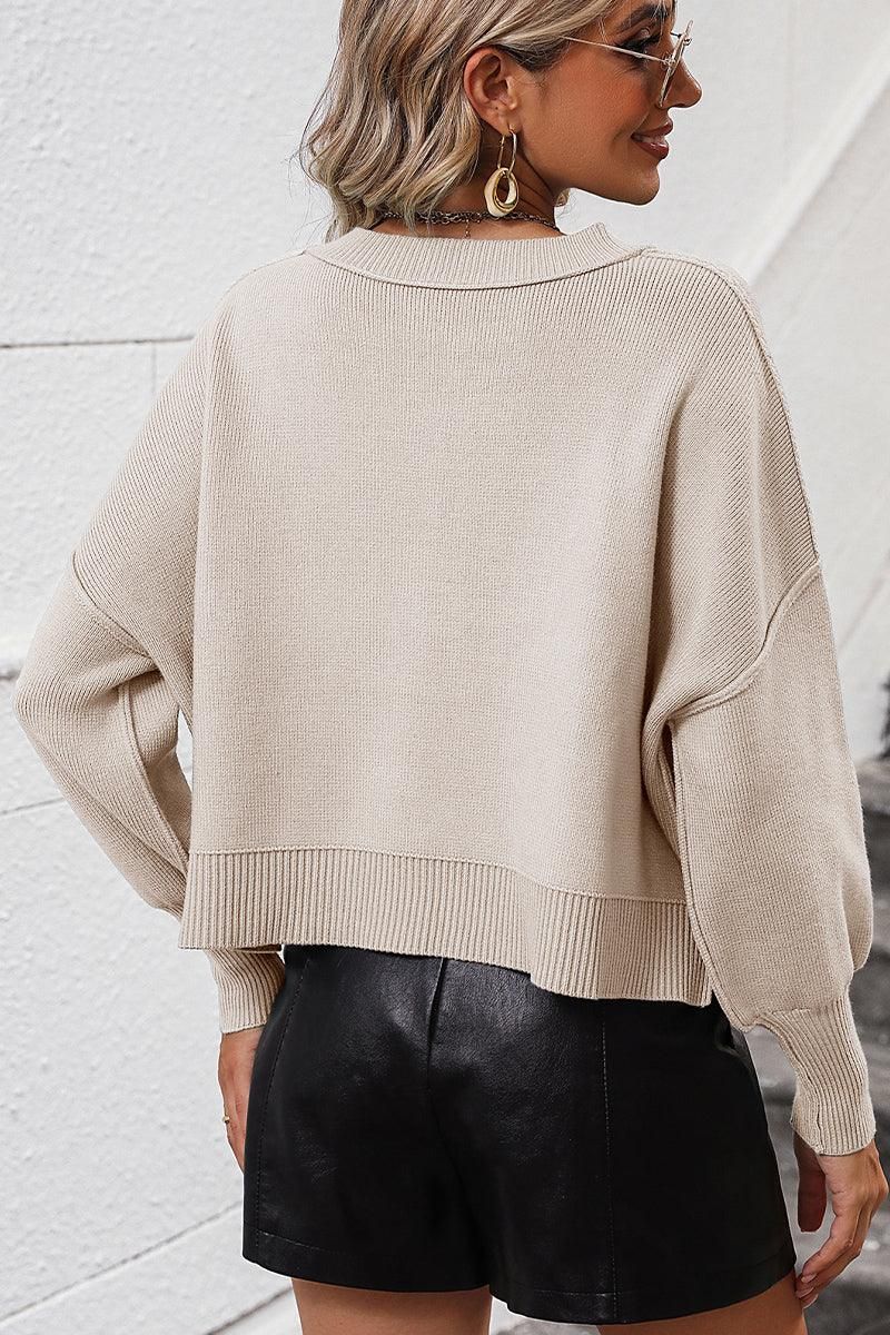 WOMEN RIBBED HEM FITTED SLEEVE KNIT JUMPER TOP - Doublju