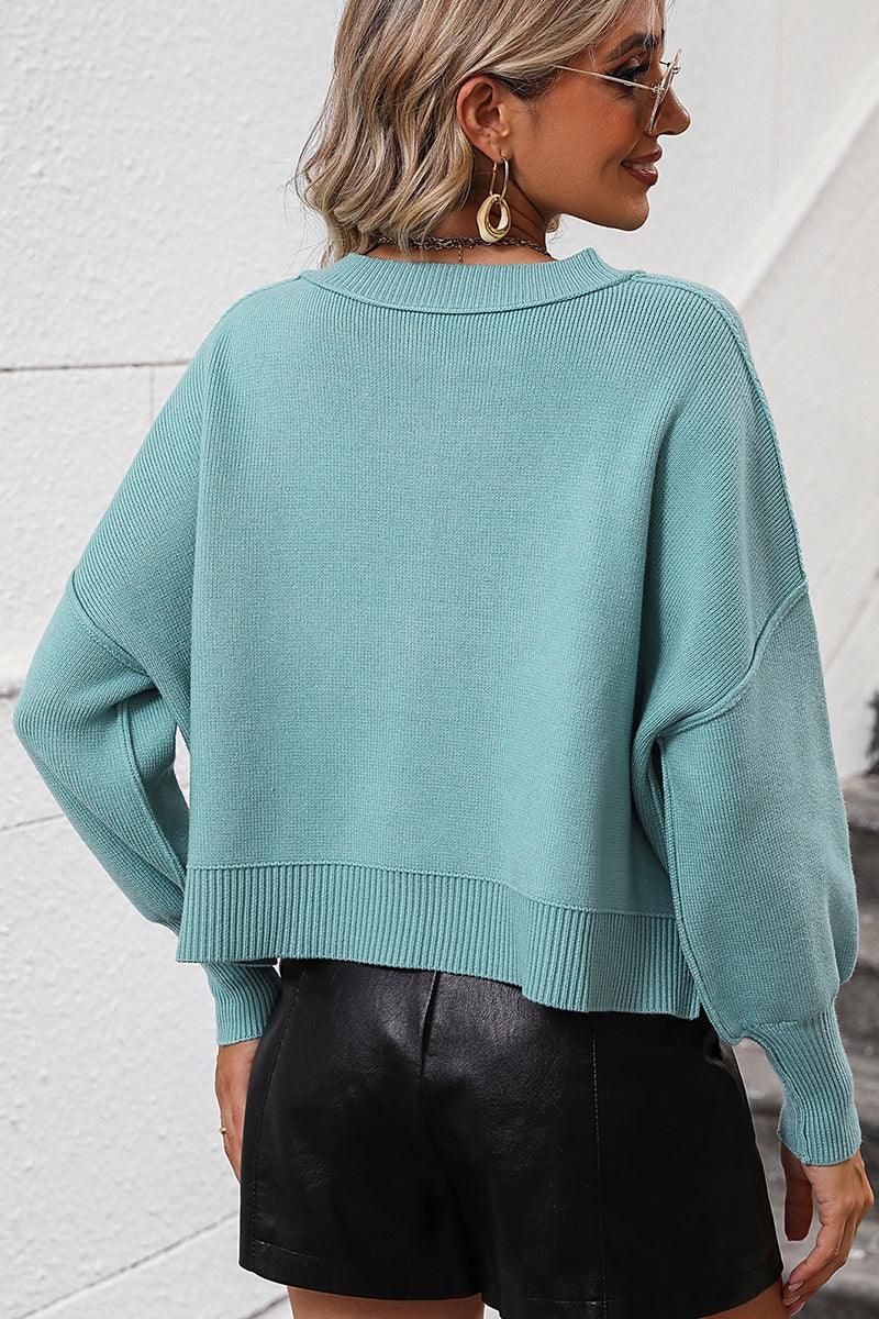 WOMEN RIBBED HEM FITTED SLEEVE KNIT JUMPER TOP - Doublju