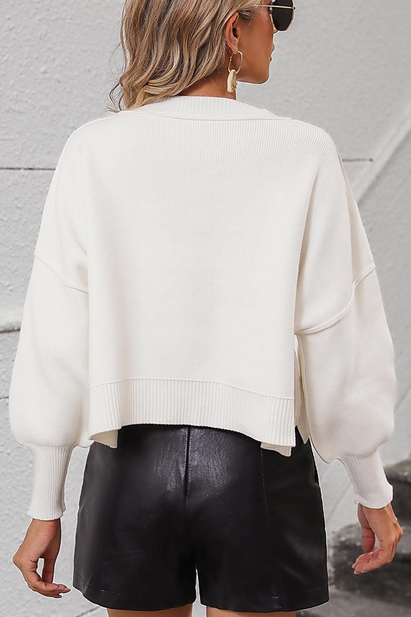 WOMEN RIBBED HEM FITTED SLEEVE KNIT JUMPER TOP - Doublju