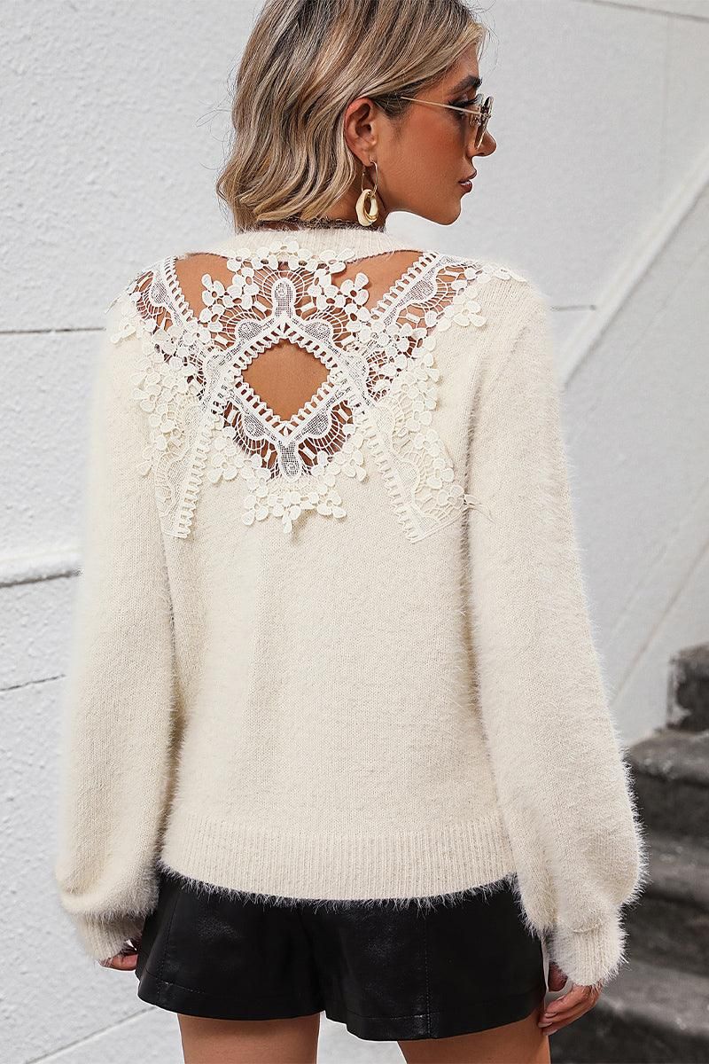 WOMEN LACED BACK DETAILED FURRY SWEATER TOP - Doublju