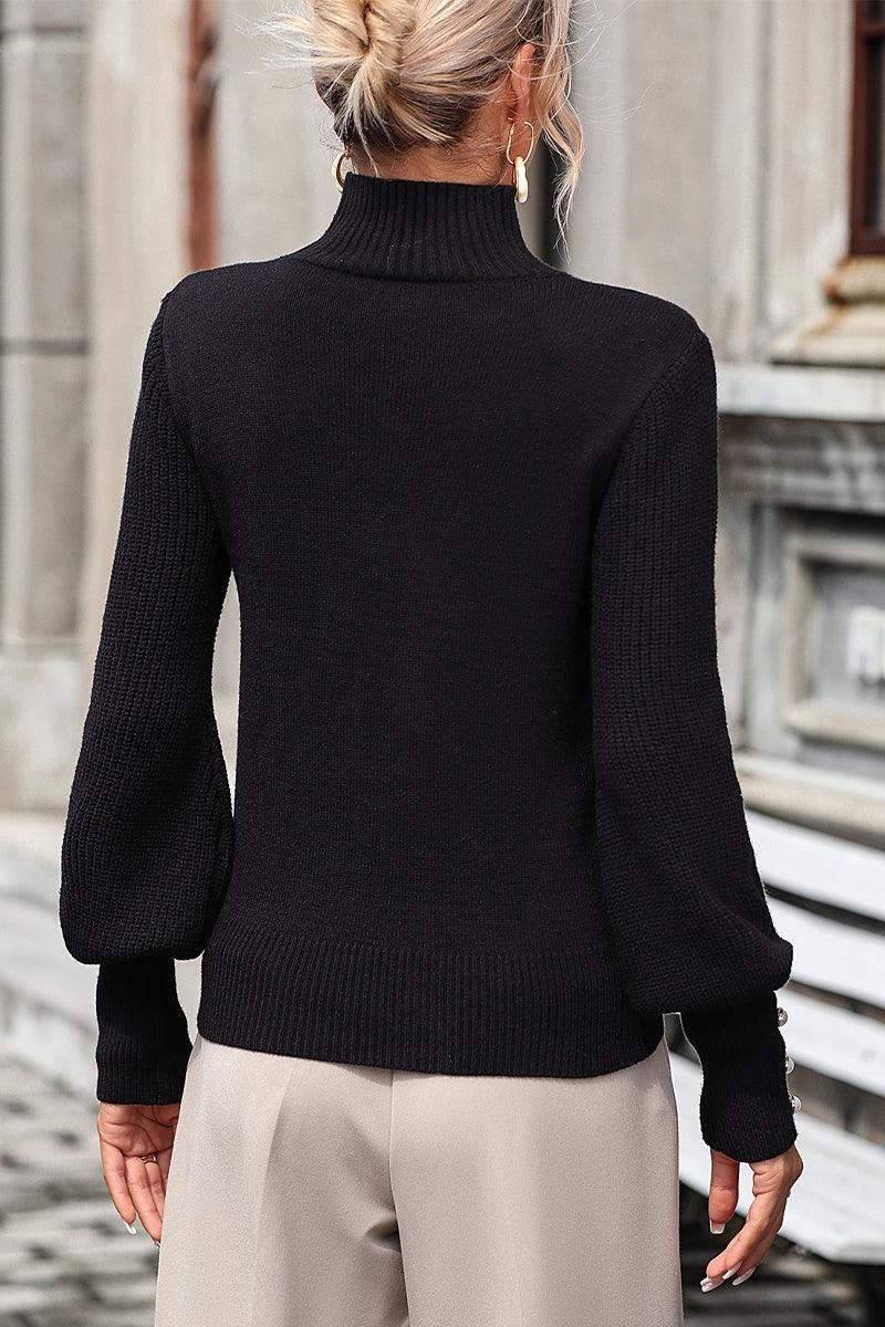 WOMEN TURTLE NECK FITTED RIB SLEEVE KNIT SWEATER - Doublju