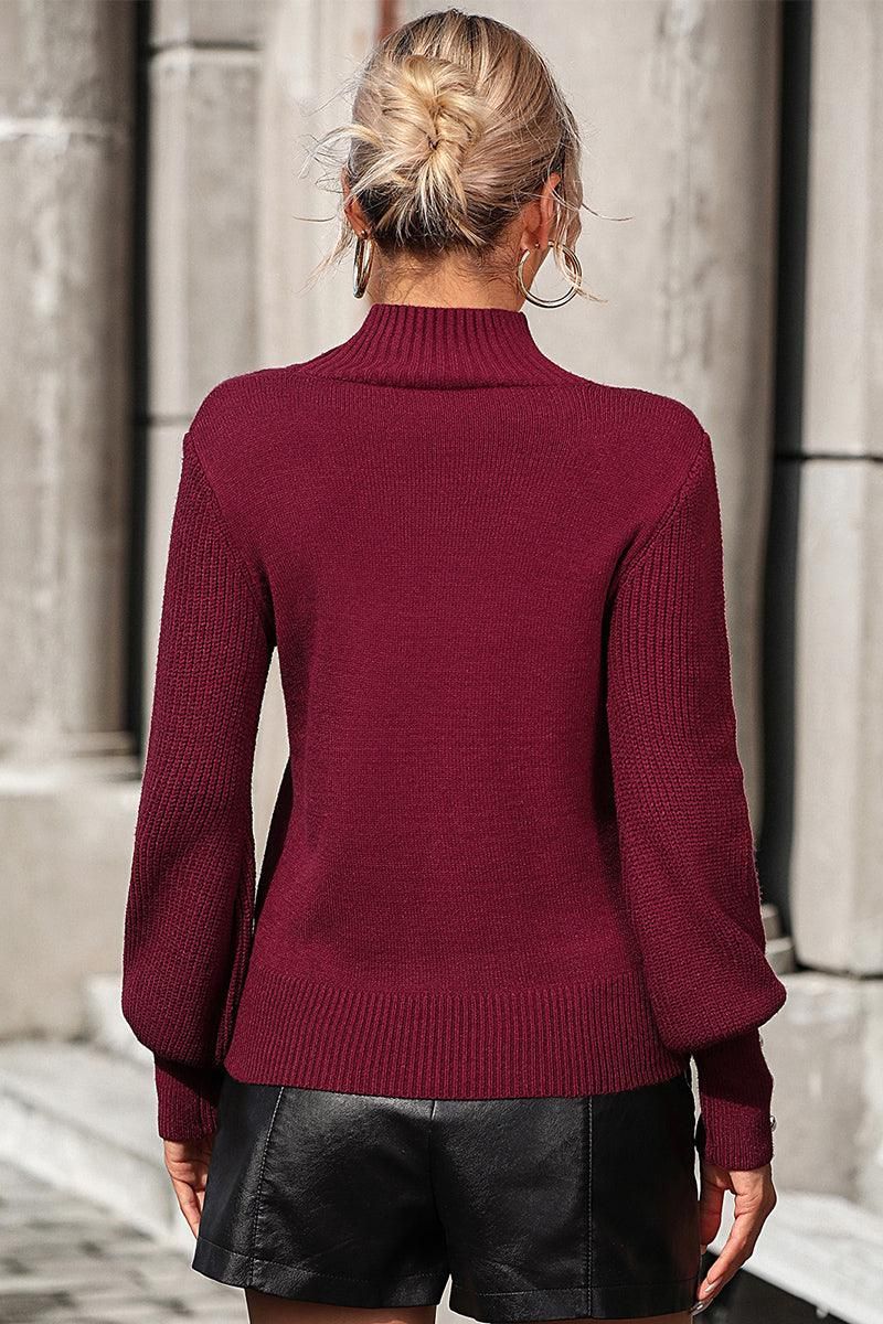 WOMEN TURTLE NECK FITTED RIB SLEEVE KNIT SWEATER - Doublju