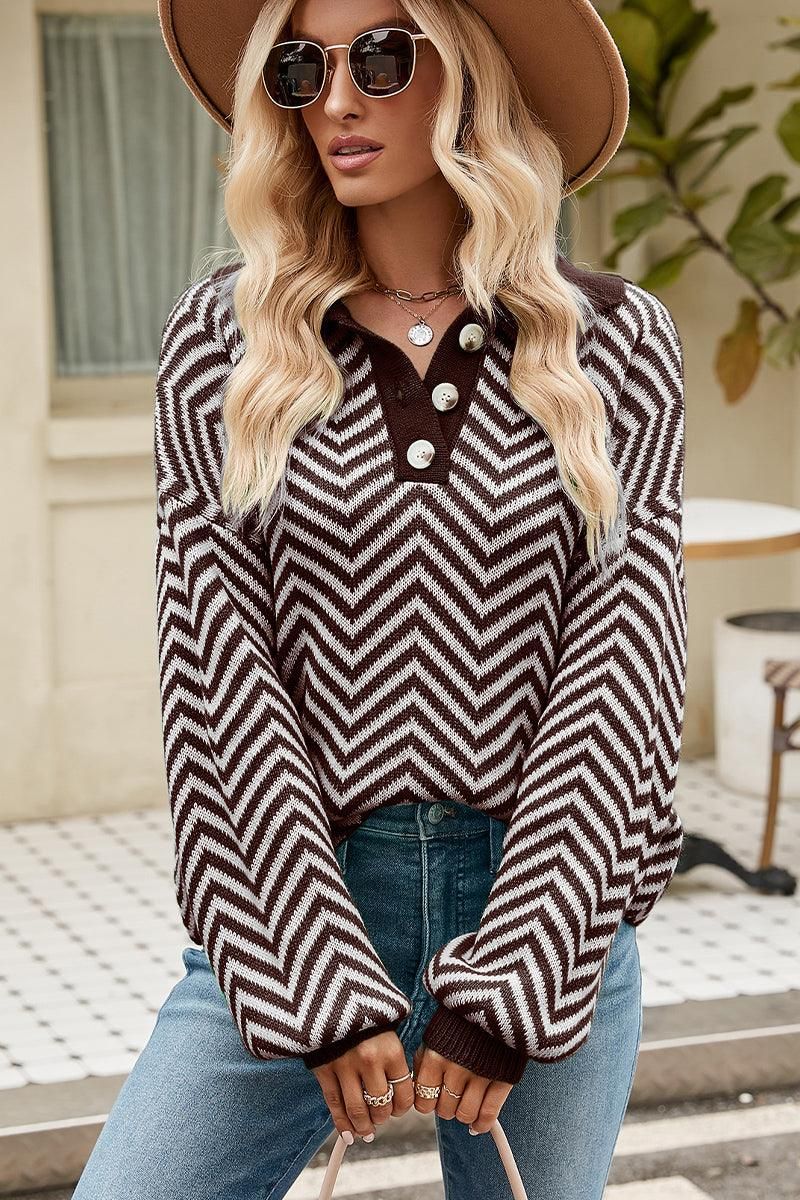 WOMEN V PATTERNED BUTTON V NECK JUMPER TOP - Doublju