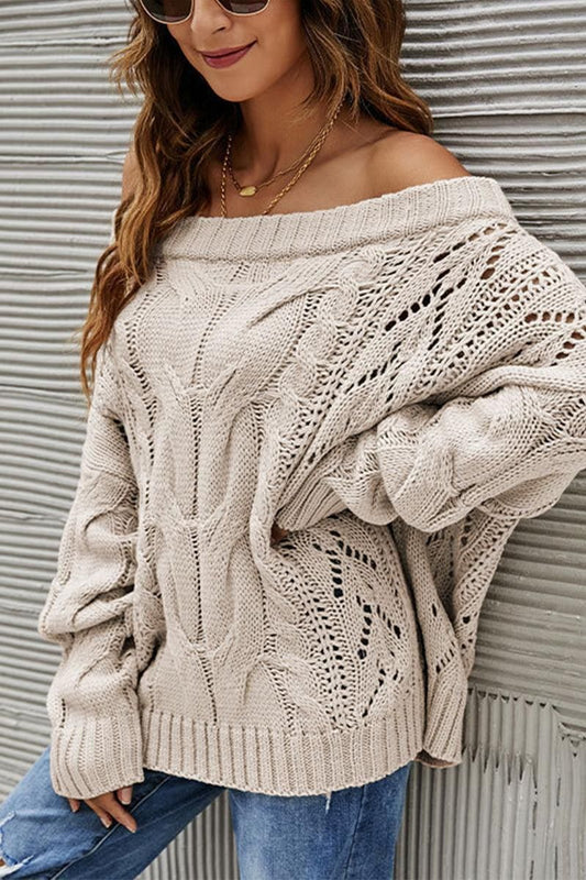 OFF SHOULDER CABLE CHUNKY KNIT OVERSIZED SWEATERï¼?00% ACRYLIC，SIZE S(2)-M(2)-L(2)-XL(2)，MADE IN CHINA，WOMEN BLAZER - Doublju
