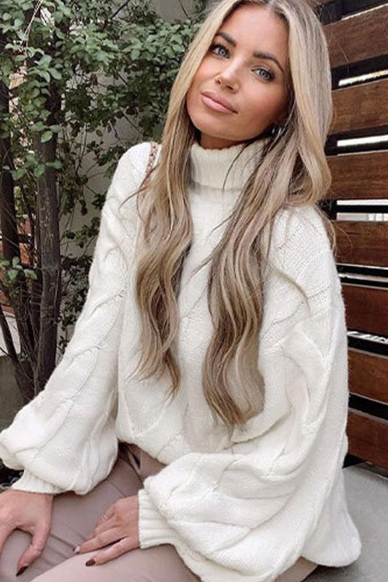 WOMEN CABLE KNITTED TURTLE NECK WINTER SWEATER - Doublju
