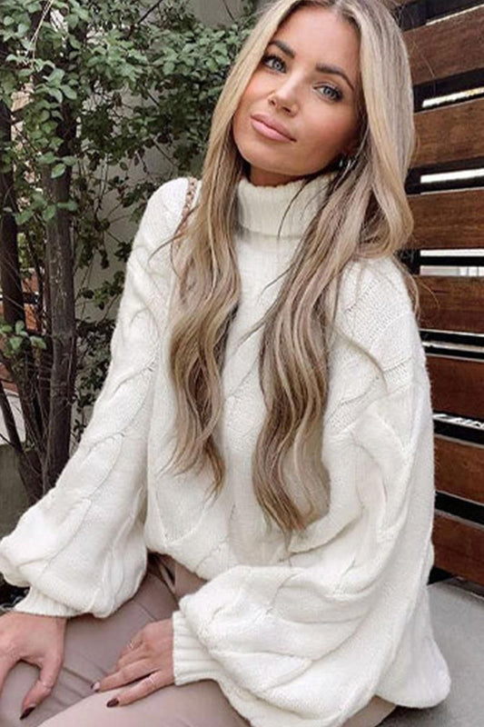 WOMEN CABLE KNITTED TURTLE NECK WINTER SWEATER - Doublju