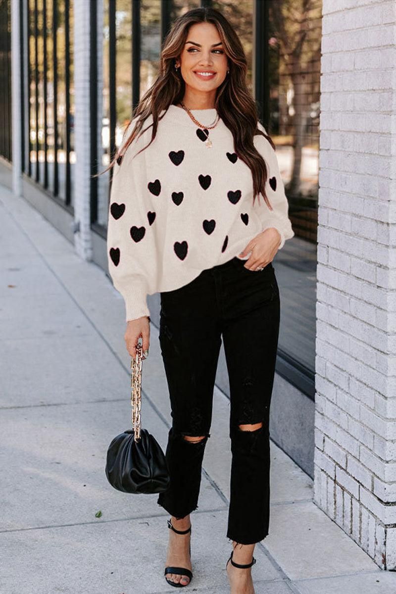 WOMEN HEART PRINTING CUTE PULL OVER SWEATER - Doublju