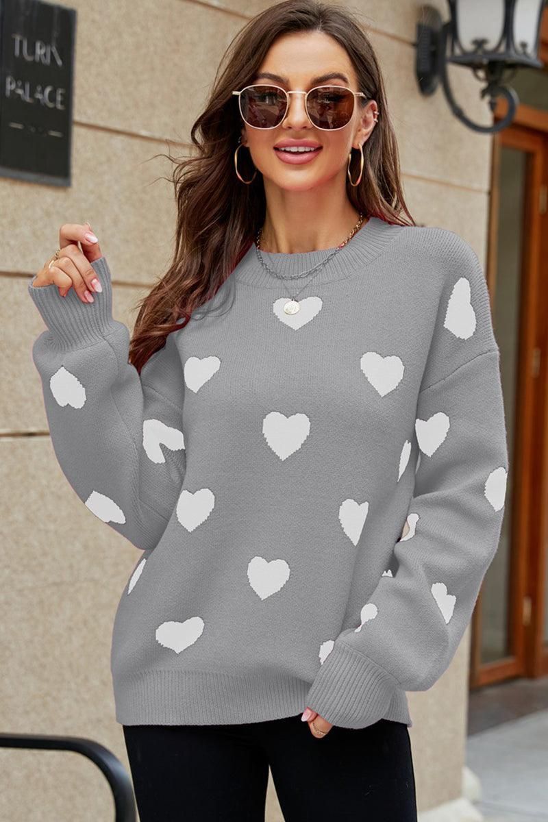 WOMEN HEART PRINTING CUTE PULL OVER SWEATER - Doublju