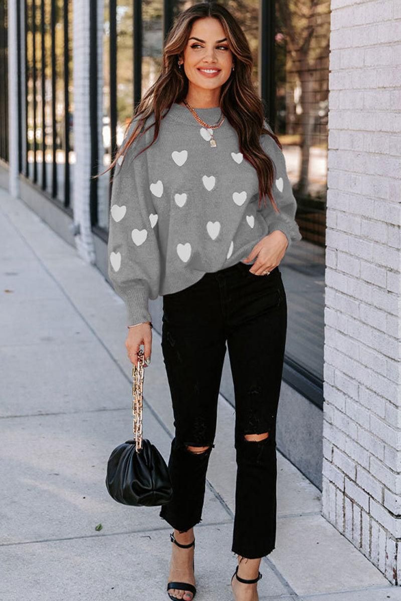 WOMEN HEART PRINTING CUTE PULL OVER SWEATER - Doublju