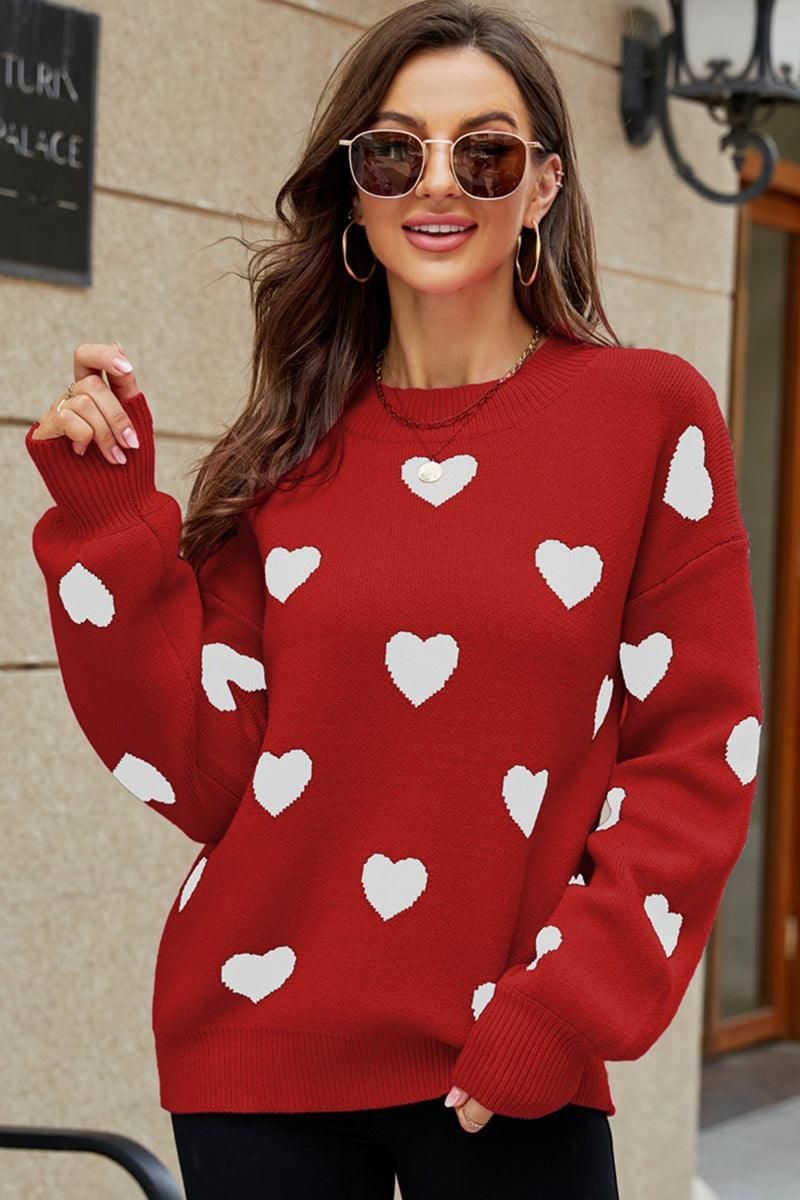 WOMEN HEART PRINTING CUTE PULL OVER SWEATER - Doublju