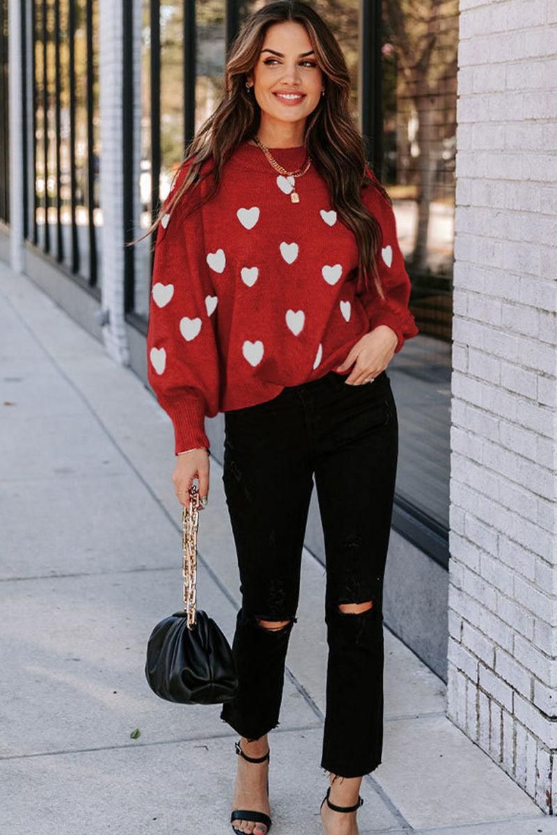 WOMEN HEART PRINTING CUTE PULL OVER SWEATER - Doublju