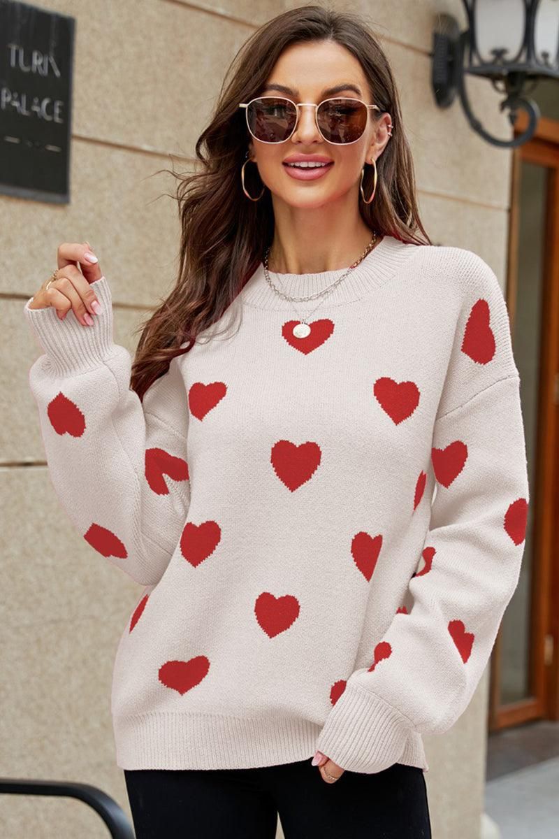WOMEN HEART PRINTING CUTE PULL OVER SWEATER - Doublju