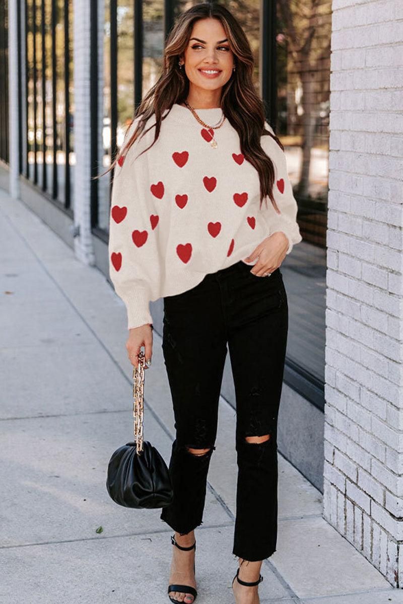 WOMEN HEART PRINTING CUTE PULL OVER SWEATER - Doublju