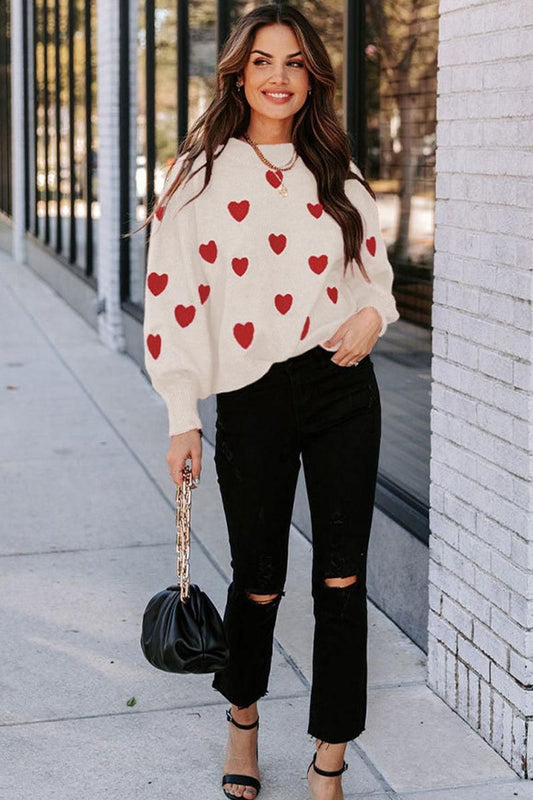 WOMEN HEART PRINTING CUTE PULL OVER SWEATER - Doublju