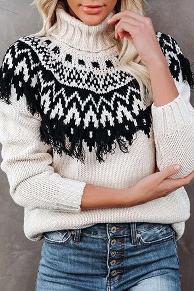 WOMEN VINTAGE TASSEL HIGH NECK BOHEMIAN SWEATER