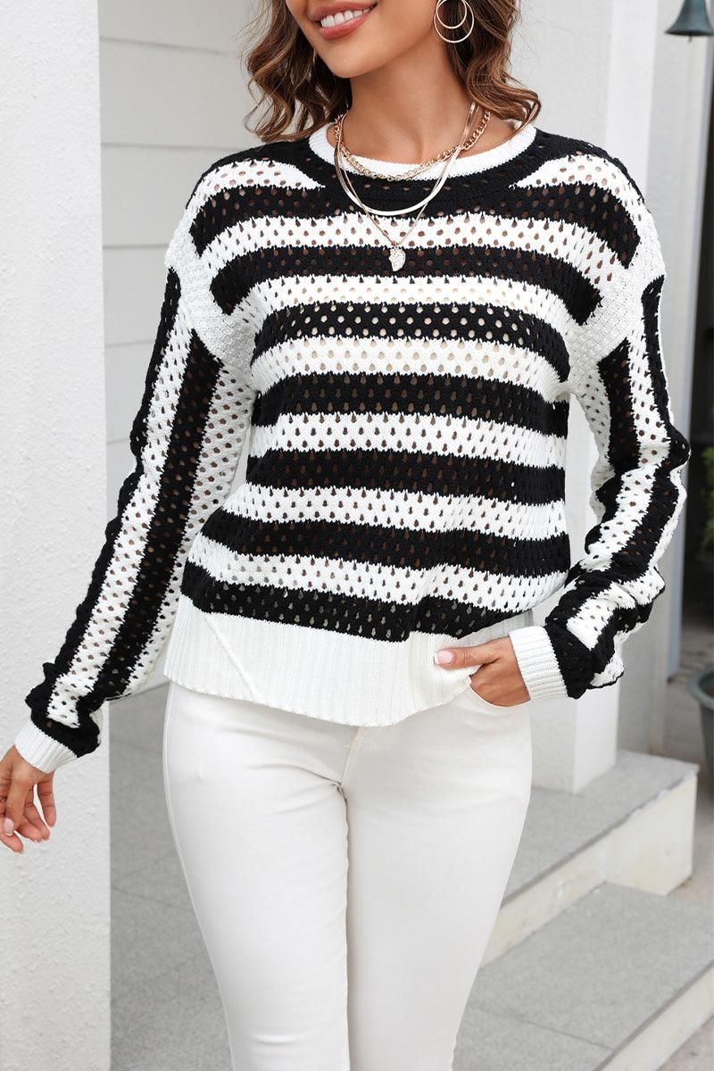 STRIPED COLOR BLOCK CREW NECK HOLLOW KNIT SWEATER - Doublju