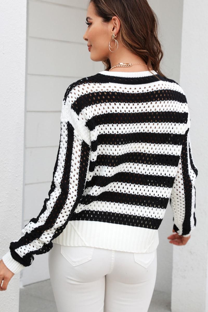 STRIPED COLOR BLOCK CREW NECK HOLLOW KNIT SWEATER - Doublju