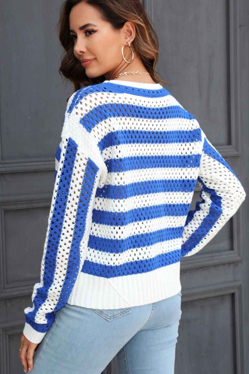 STRIPED COLOR BLOCK CREW NECK HOLLOW KNIT SWEATER - Doublju