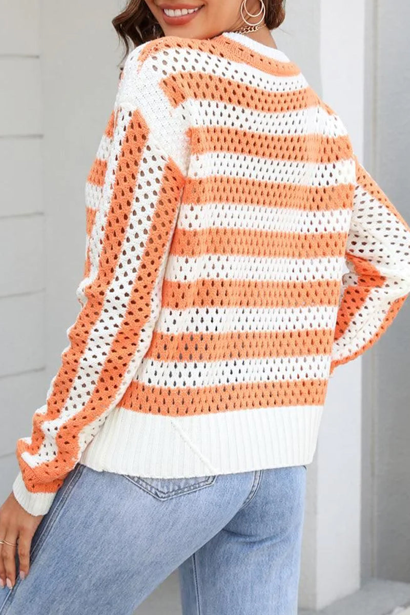 STRIPED COLOR BLOCK CREW NECK HOLLOW KNIT SWEATER