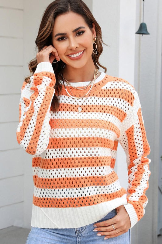 STRIPED COLOR BLOCK CREW NECK HOLLOW KNIT SWEATER - Doublju