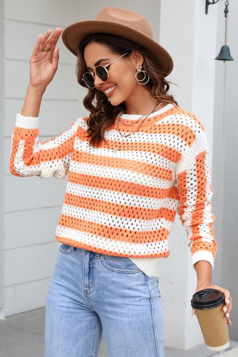 STRIPED COLOR BLOCK CREW NECK HOLLOW KNIT SWEATER - Doublju