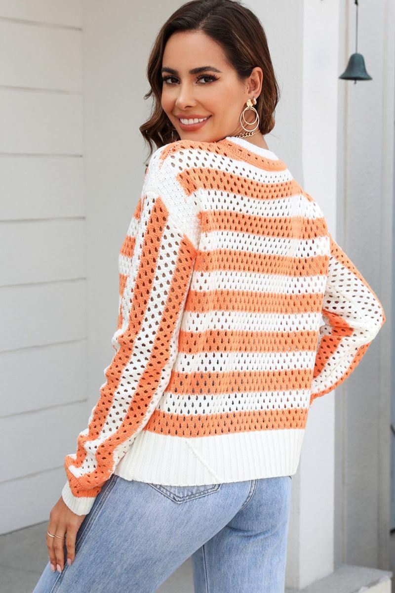 STRIPED COLOR BLOCK CREW NECK HOLLOW KNIT SWEATER - Doublju