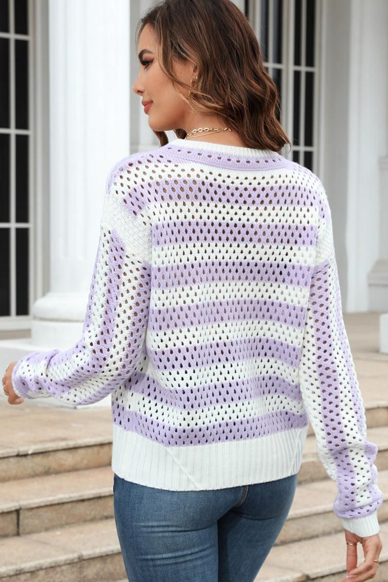 STRIPED COLOR BLOCK CREW NECK HOLLOW KNIT SWEATER - Doublju