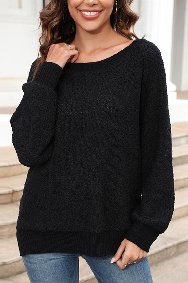 WOMEN FURRY RIBBED ROUND NECK BASIC FW SWEATER - Doublju