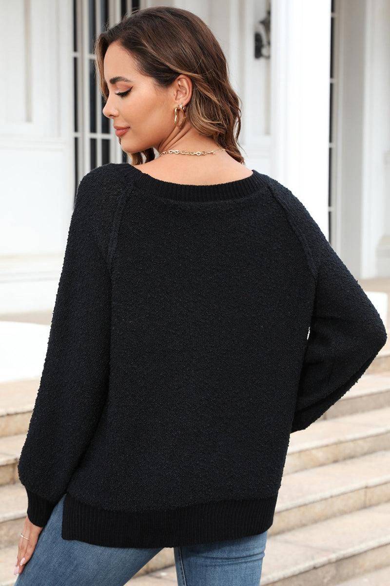 WOMEN FURRY RIBBED ROUND NECK BASIC FW SWEATER - Doublju