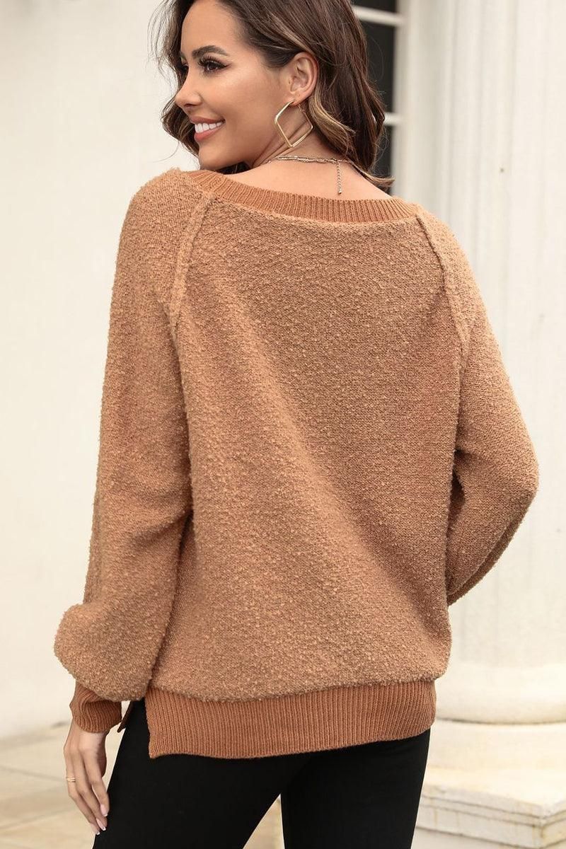 WOMEN FURRY RIBBED ROUND NECK BASIC FW SWEATER - Doublju