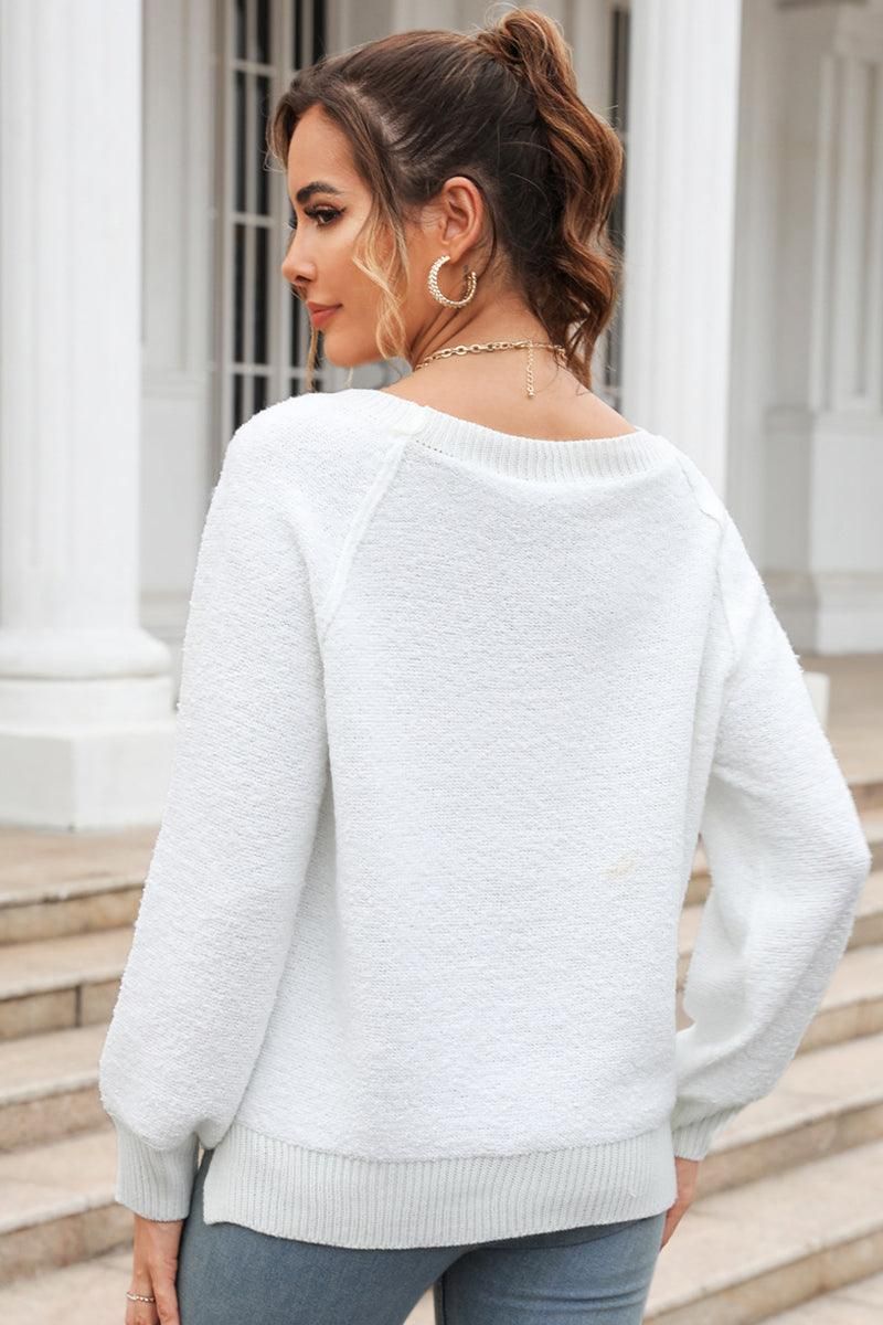 WOMEN FURRY RIBBED ROUND NECK BASIC FW SWEATER - Doublju