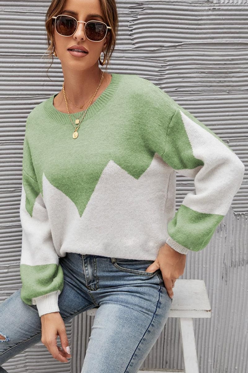 WOMEN RIBBED COLOR BLOCK PULLOVER TOP - Doublju