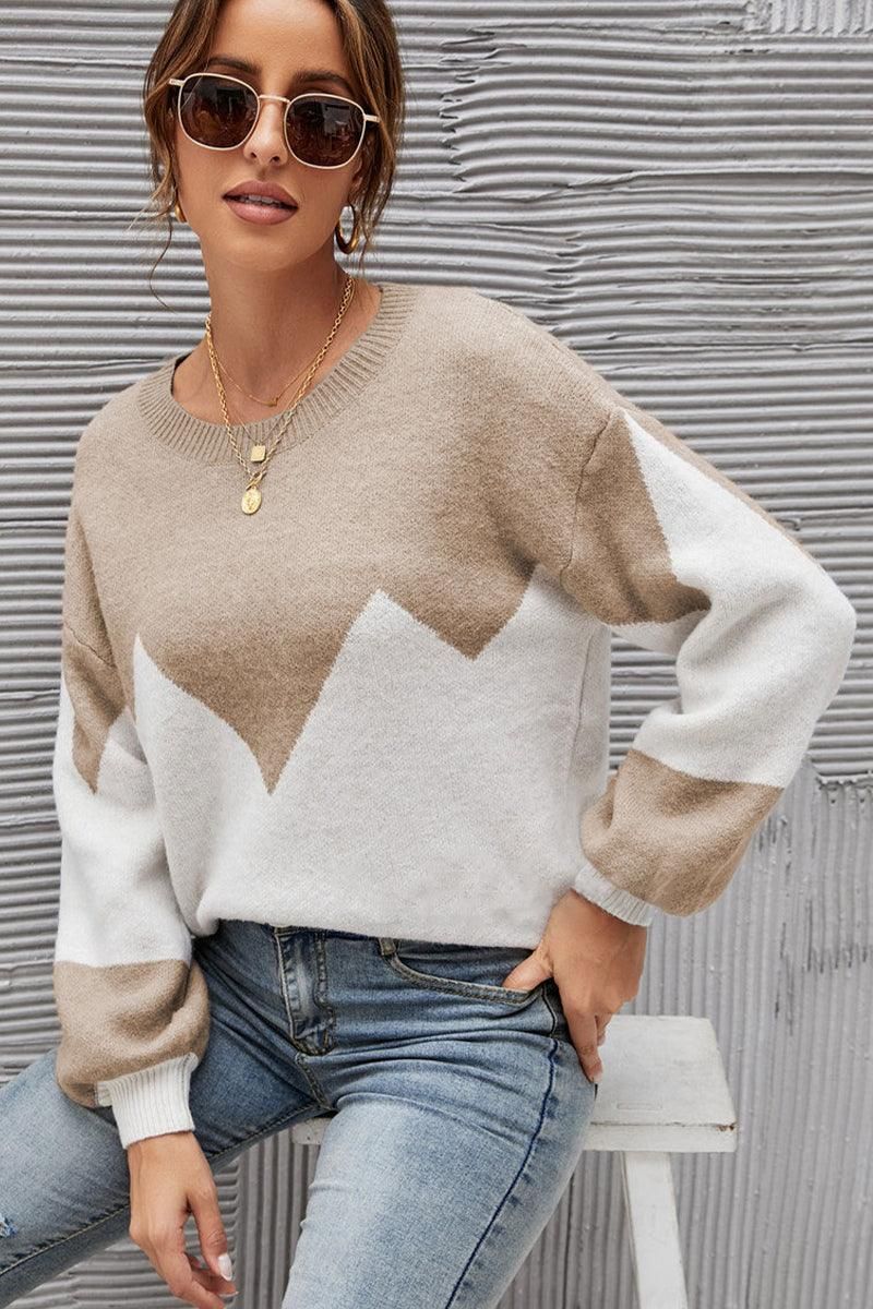 WOMEN RIBBED COLOR BLOCK PULLOVER TOP - Doublju