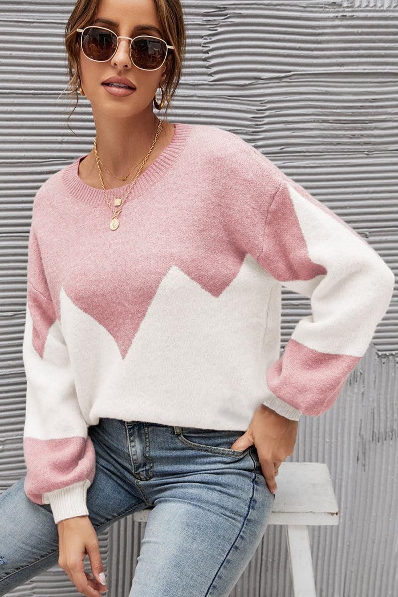 WOMEN RIBBED COLOR BLOCK PULLOVER TOP - Doublju