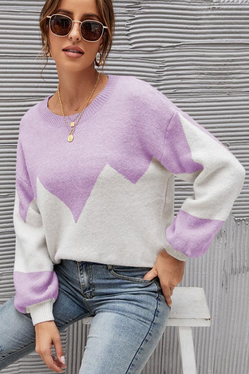 WOMEN RIBBED COLOR BLOCK PULLOVER TOP - Doublju