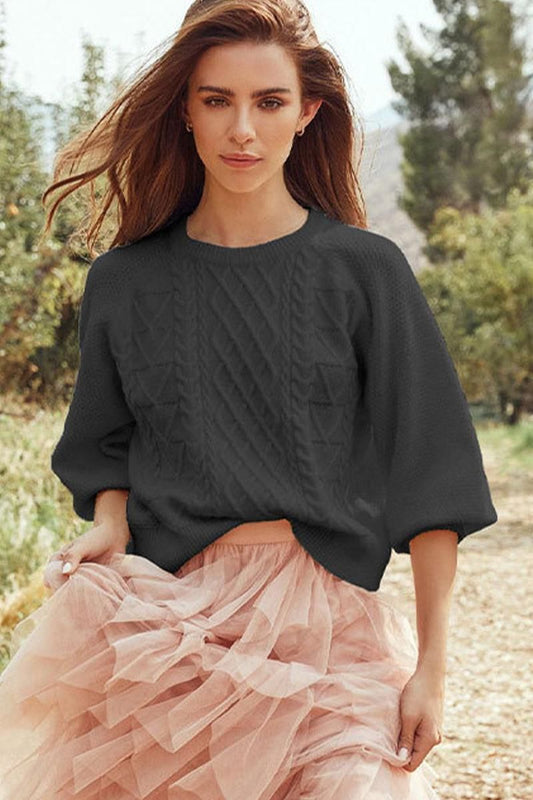 WOMEN CABLE KNITTED RIB SLEEVE PULLOVER SWEATER - Doublju