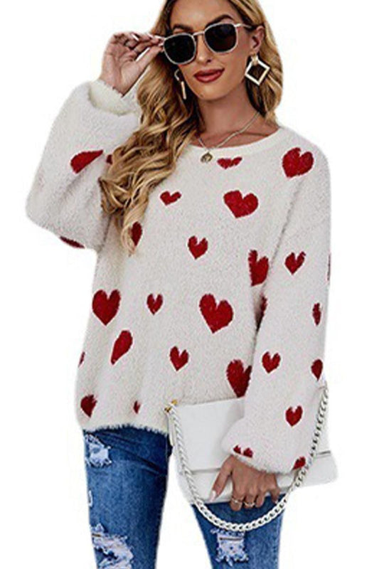 WOMEN OVERSIZED HEART PRINTING CUTE KNIT SWEATER - Doublju