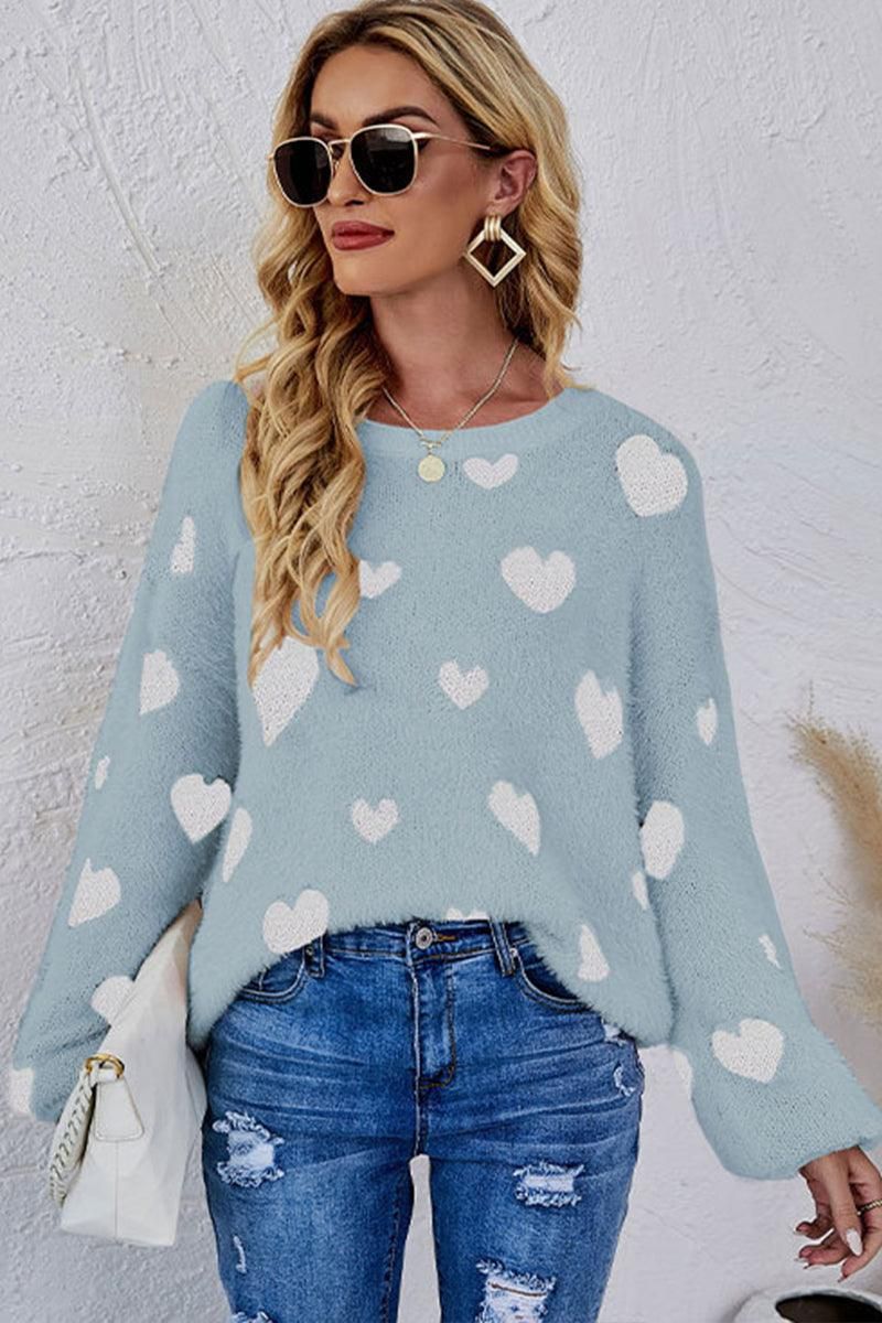WOMEN OVERSIZED HEART PRINTING CUTE KNIT SWEATER - Doublju