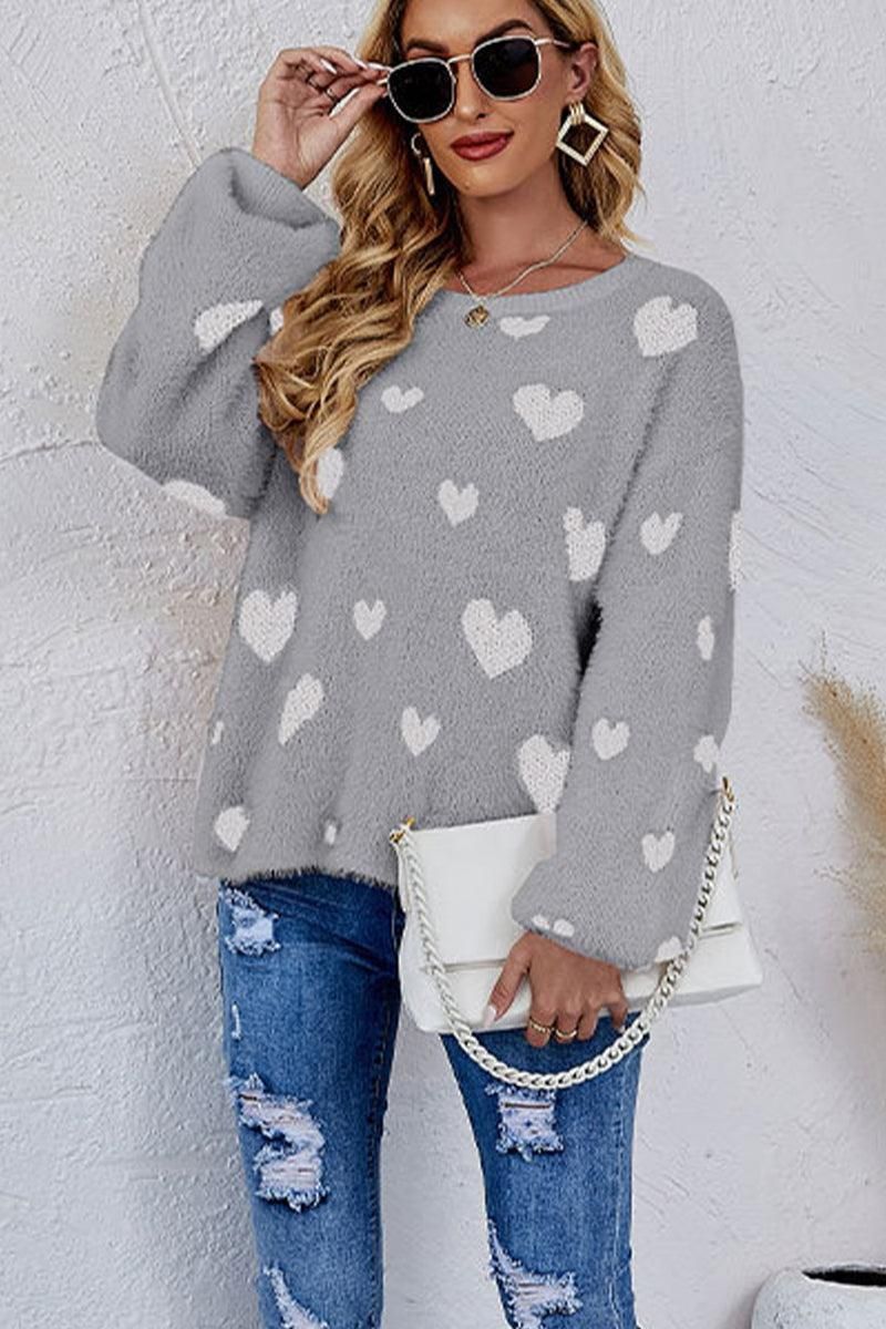 WOMEN OVERSIZED HEART PRINTING CUTE KNIT SWEATER - Doublju