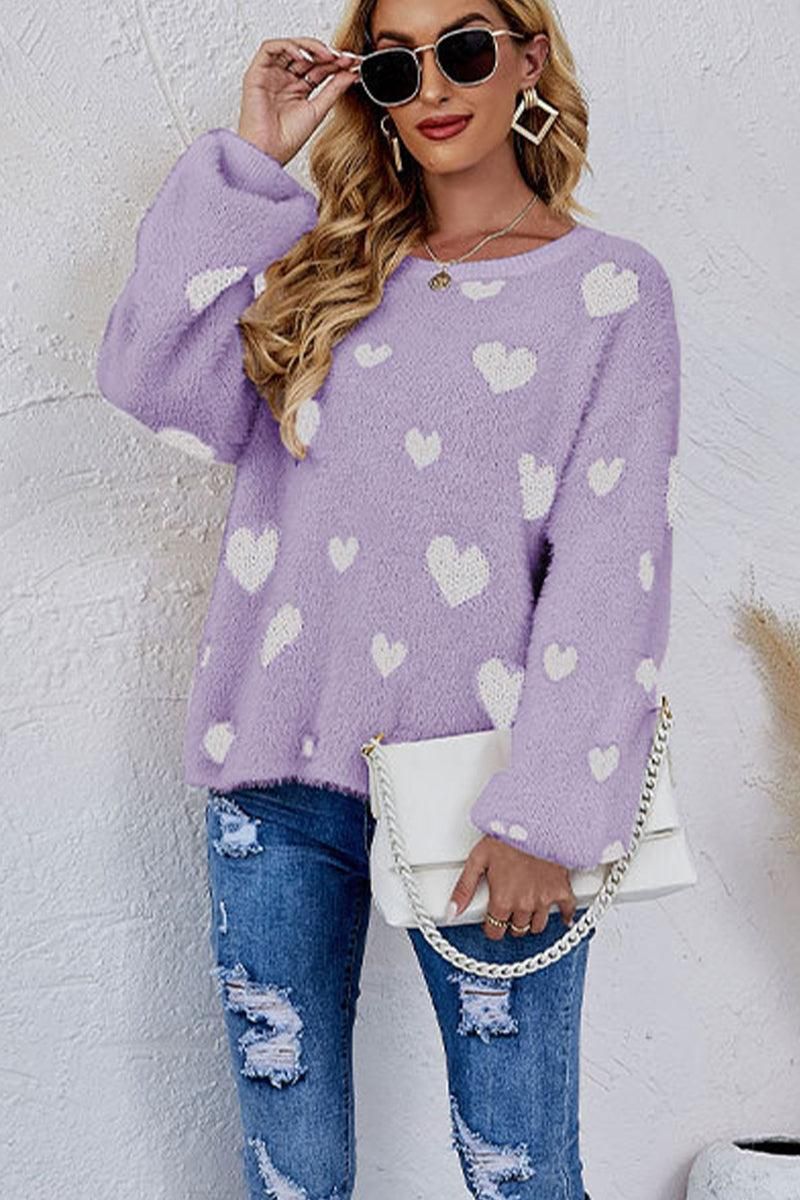 WOMEN OVERSIZED HEART PRINTING CUTE KNIT SWEATER - Doublju